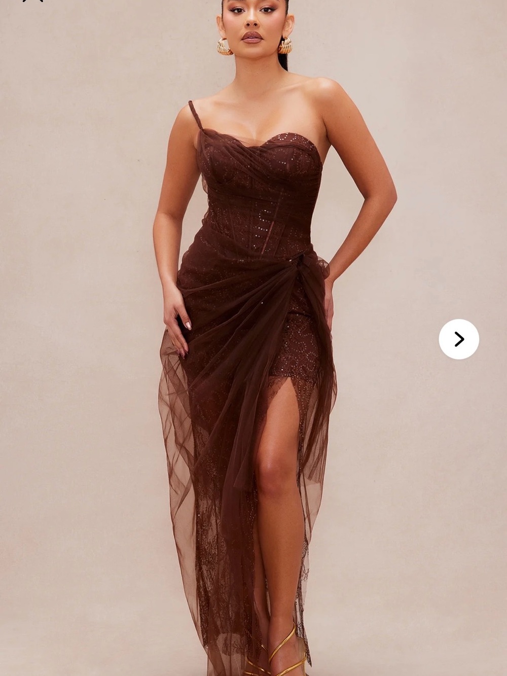 Elegant Brown One-Shoulder Mesh Evening Dress